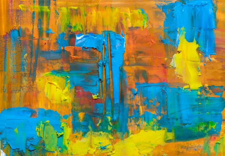 an abstract painting with blue and yellow colors, trending on pixabay, abstract expressionism, orange and cyan paint decals, paint knife, vibrant hues