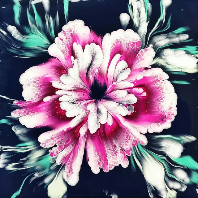 a close up of a flower on a black background, an airbrush painting, inspired by James Rosenquist, unsplash, pink white turquoise, acrylic pour and splashing paint, digital art'', digital art”