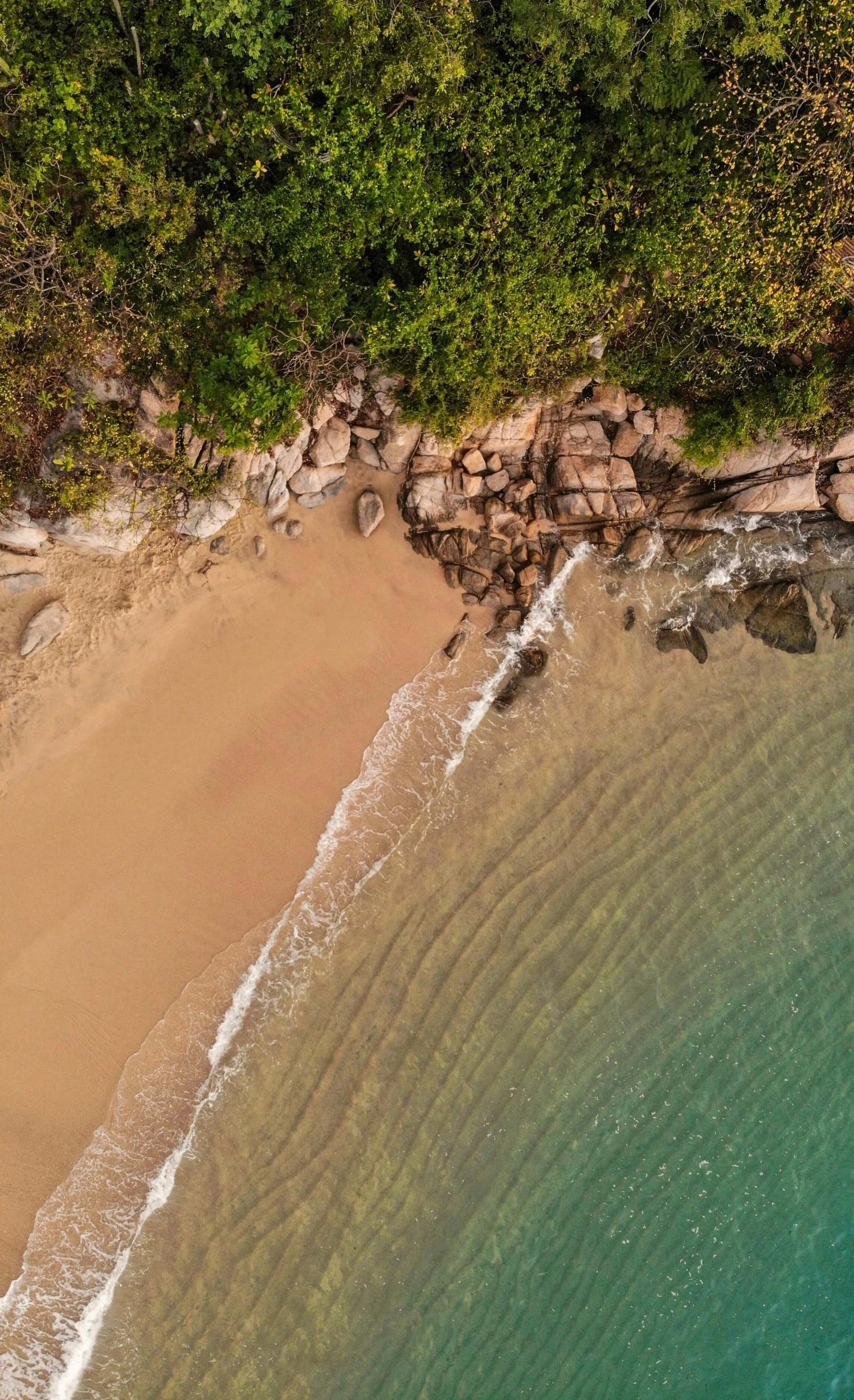 an aerial view of a sandy beach surrounded by trees, rocky beach, thailand, head down, less detailing