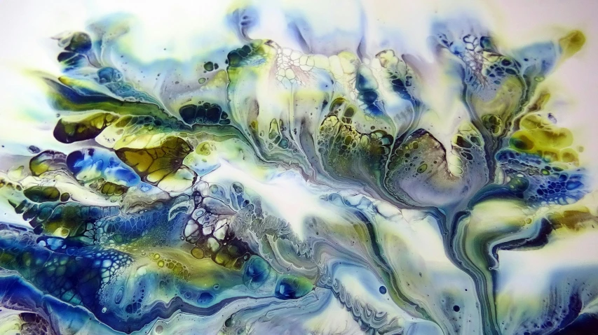 a close up of a painting of flowers, inspired by Zao Wou-Ki, lyrical abstraction, organic ceramic fractal forms, bubbly underwater scenery, made of liquid metal and marble, light green and deep blue mood