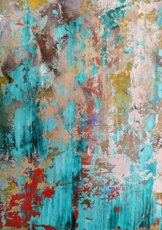 a close up of a painting on a wall, inspired by Richter, abstract art, turquoise and venetian red, 144x144 canvas, metallic flecked paint, cracked paint