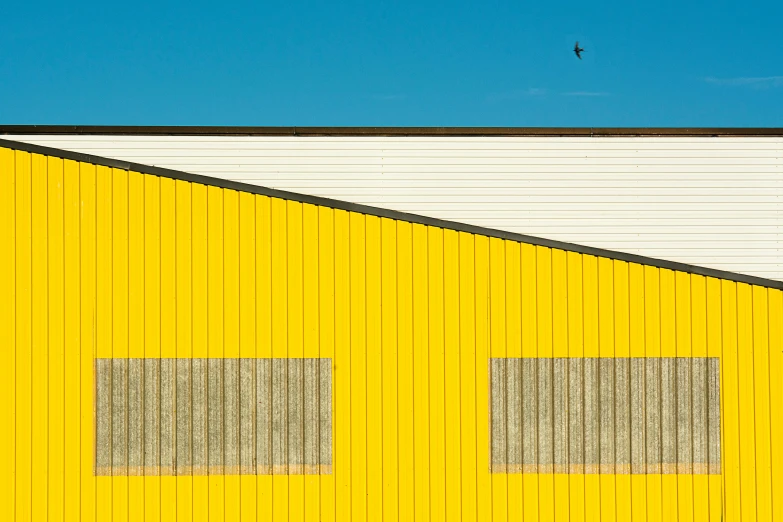 a fire hydrant in front of a yellow building, a minimalist painting, inspired by Andreas Gursky, hangar, ian david soar, flight, shed