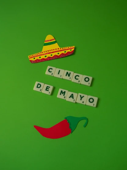 the word cinco de mayo spelled in scrabbles on a green background, an album cover, by Carey Morris, pexels contest winner, sombrero, two, 15081959 21121991 01012000 4k, clemens ascher