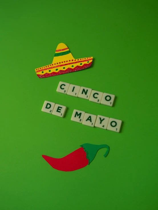 the word cinco de mayo spelled in scrabbles on a green background, an album cover, by Carey Morris, pexels contest winner, sombrero, two, 15081959 21121991 01012000 4k, clemens ascher