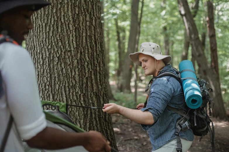 a couple of people that are standing in the woods, adventuring gear, tall broad oaks, profile image, thumbnail