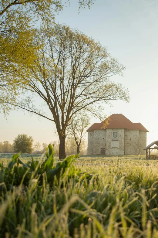 an old barn sits in the middle of a field, inspired by Pierre Toutain-Dorbec, romanesque, watch tower, beautiful morning, 1 8 th century manor, award winning scenery