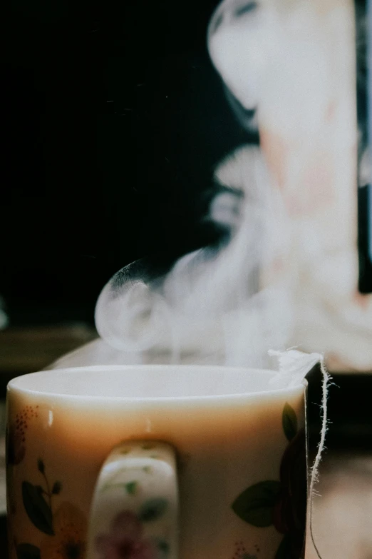 a coffee cup with steam rising out of it, a picture, pexels contest winner, sage smoke, looking hot, botanicals, poorly lit