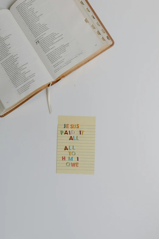 an open book sitting on top of a white table, a cross stitch, by Jessie Algie, unsplash, graffiti, square sticker, jesus christ, all at once, minimalist sticker