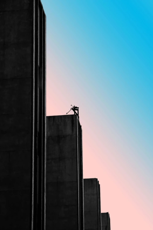 a couple of tall buildings sitting next to each other, an album cover, unsplash contest winner, brutalism, cyan and magenta, parkour, best on cgsociety, strong silhouette