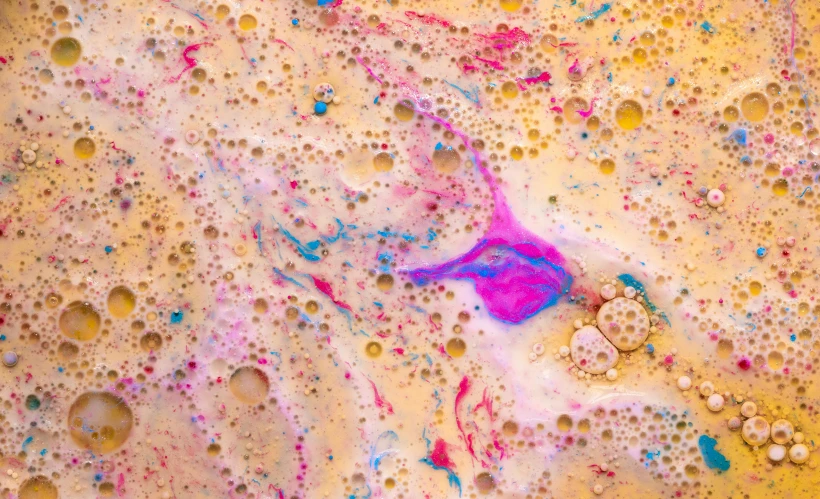 a close up of soap bubbles on a surface, a microscopic photo, inspired by Shōzō Shimamoto, process art, 4k polymer clay food photography, trending on saatchi art, earth and pastel colors, porous skin