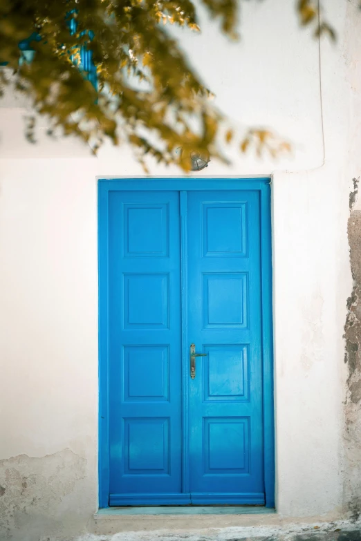 two blue doors sit outside a white building