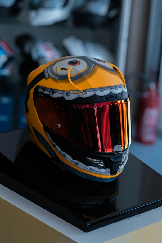 an image of helmet on display on counter top