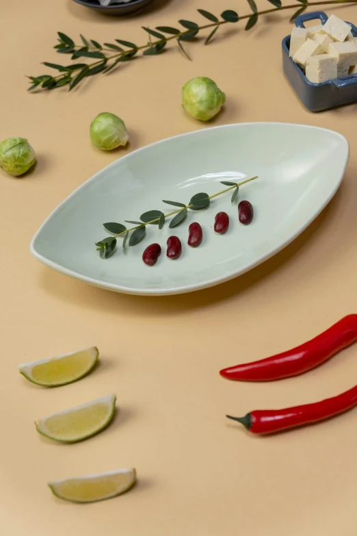 a close up of a plate of food on a table, inspired by Ceferí Olivé, detailed product image, light green, chili, tabletop model