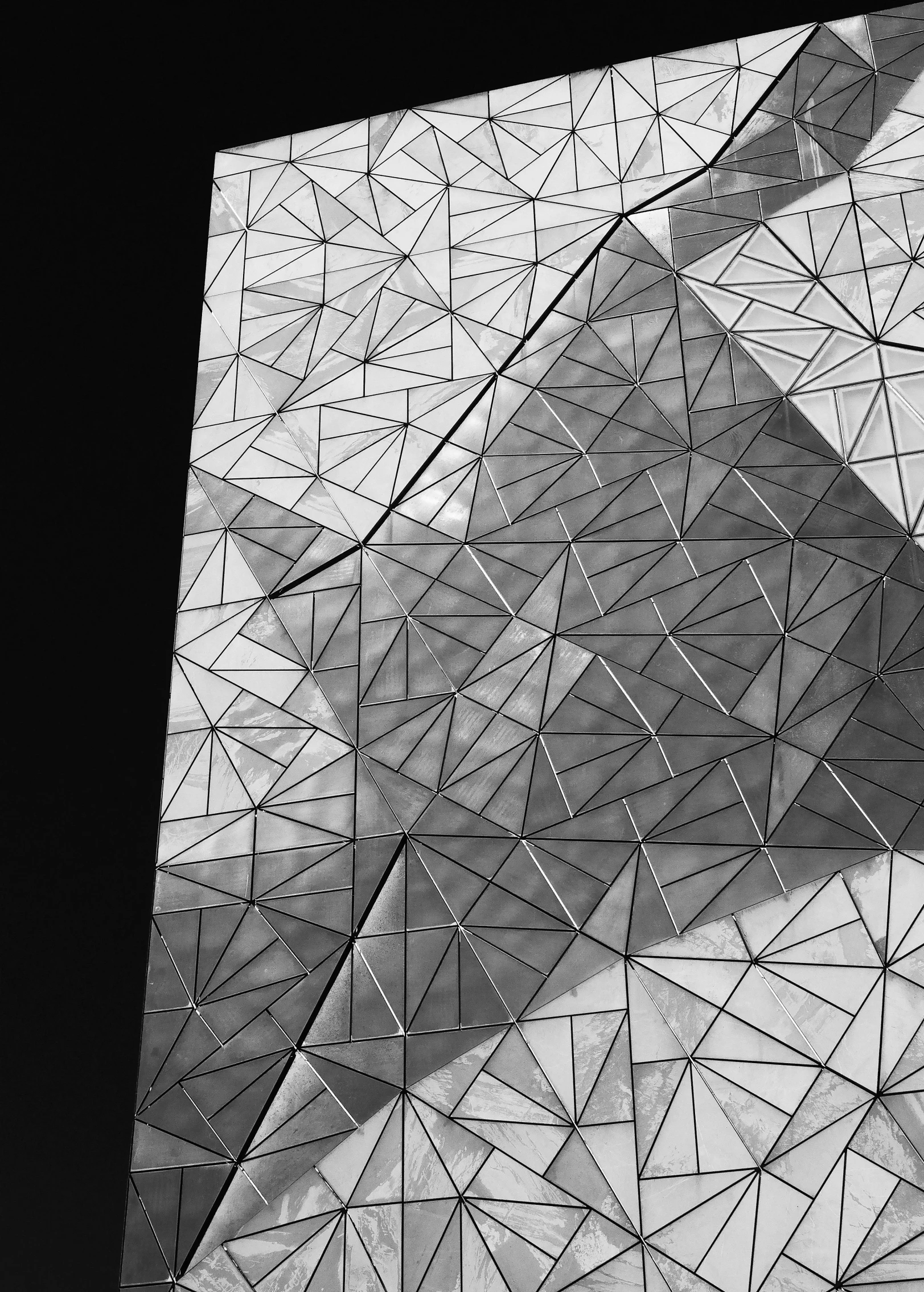 a black and white photo of a building, unsplash contest winner, light and space, crystalized scales, large polygons, tiling, folded