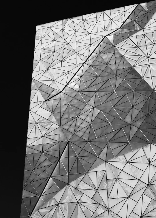 a black and white photo of a building, unsplash contest winner, light and space, crystalized scales, large polygons, tiling, folded