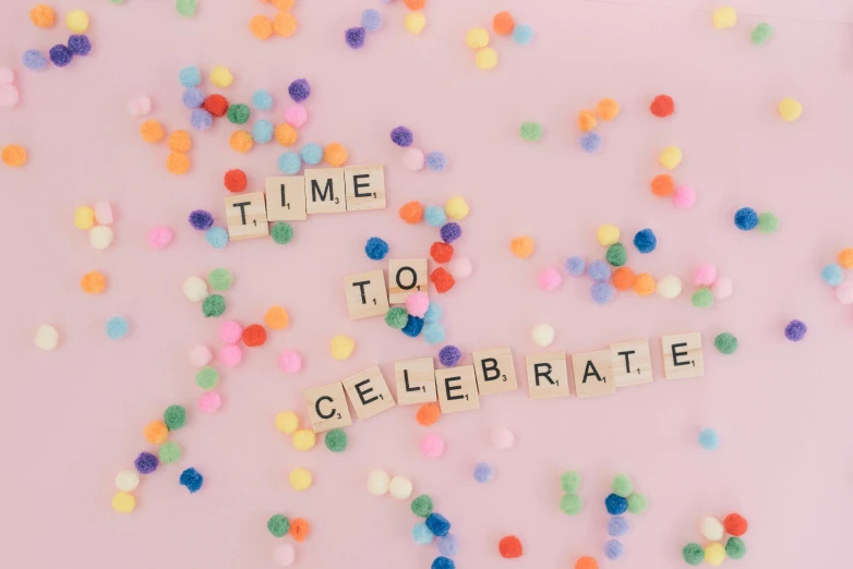 the words time to celebrate spelled in scrabbles on a pink background, by Fiona Rae, trending on unsplash, 64x64, colorful signs, background image