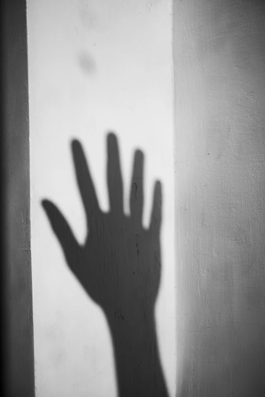 a shadow of a hand on a wall, a black and white photo, pixabay, terrified 👿, scp-049, hand with five fingers, ✨🕌🌙