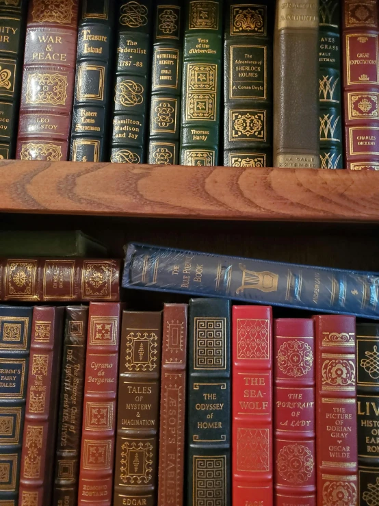 a bookshelf filled with lots of different colored books, by Linda Sutton, arts and crafts movement, engravings, thumbnail, close up photo, highly detailed # no filter