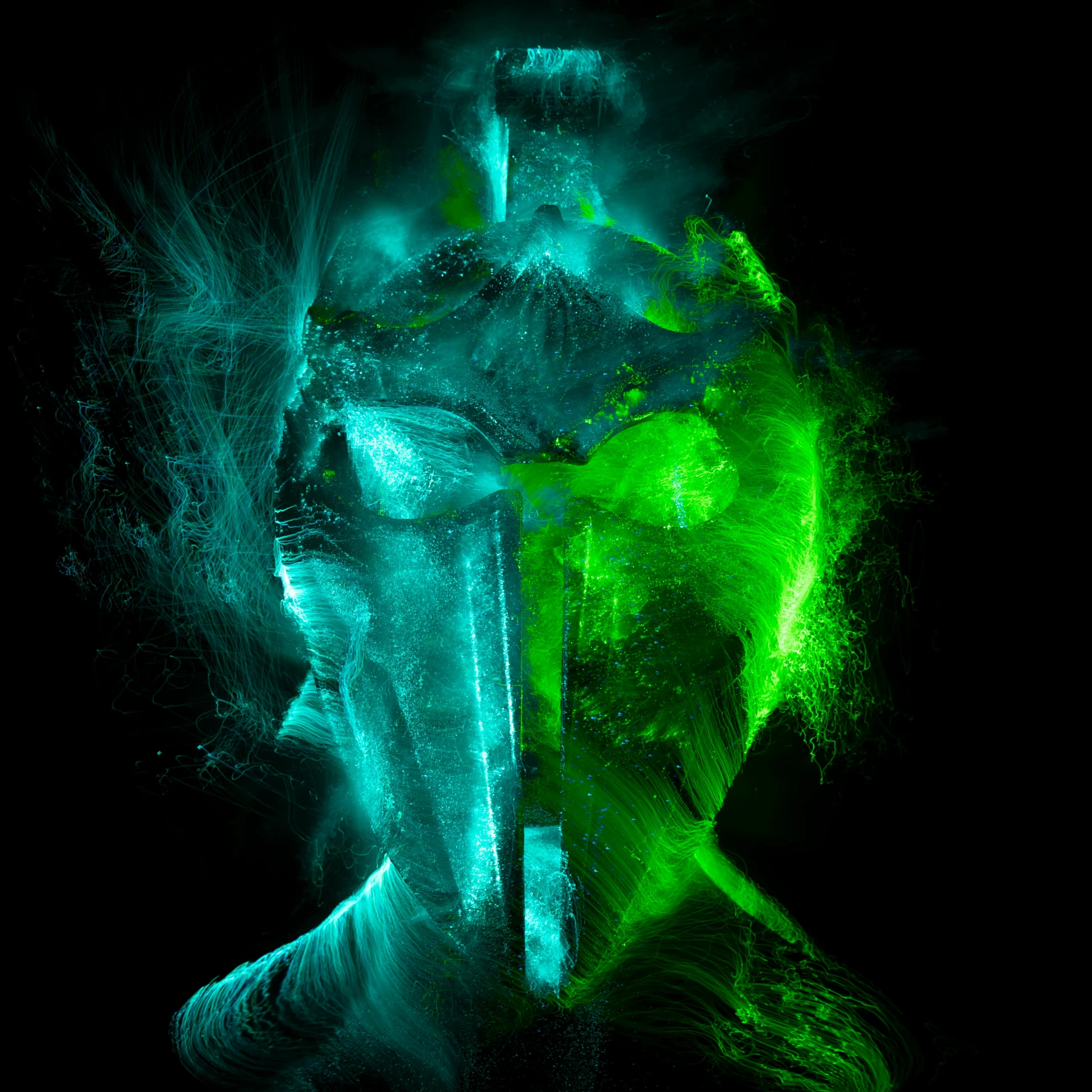a man that is holding a bottle in his hand, digital art, inspired by Alberto Seveso, generative art, green neon, female made of ice, profile picture 1024px, portrait of a robot shaman