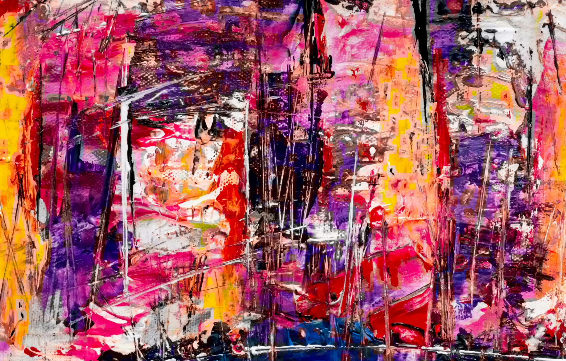 a painting of a boat on a body of water, an abstract painting, inspired by Jean-Paul Riopelle, pexels, abstract expressionism, pink and purple, lacquer on canvas, colorful city, beautiful art uhd 4 k