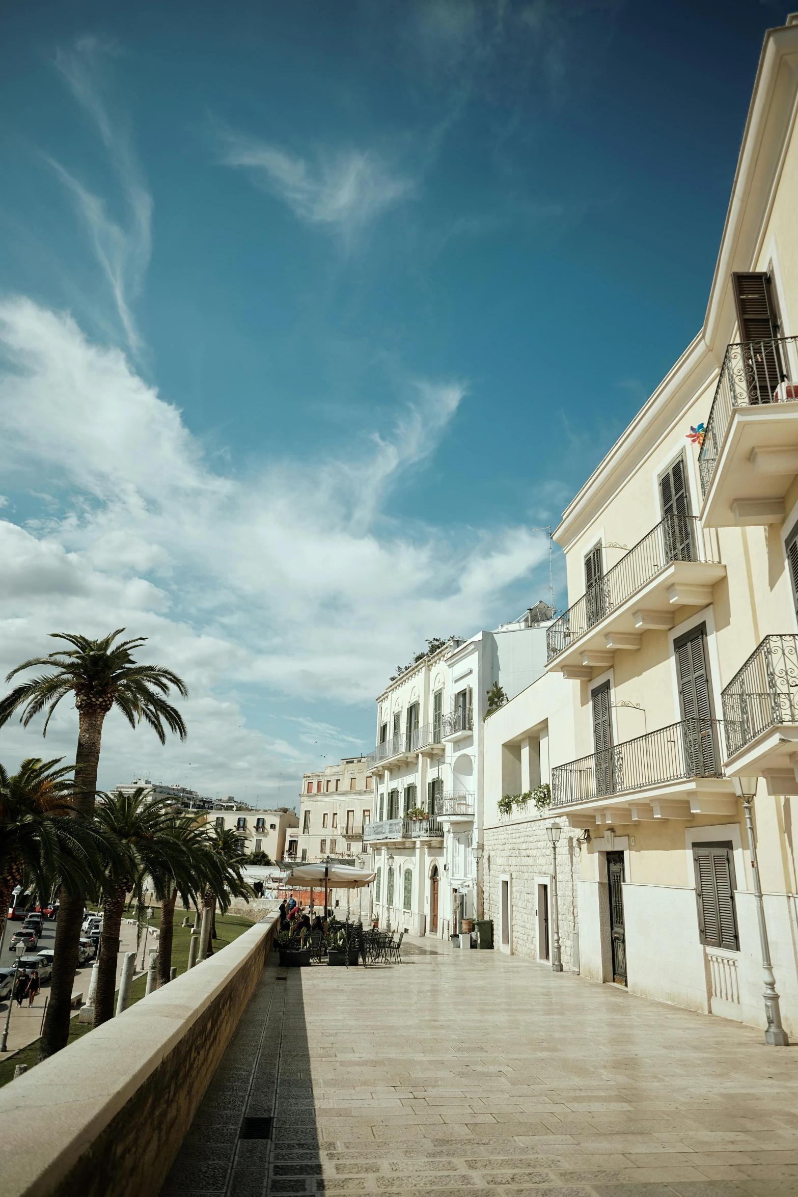 a brick walkway near several buildings and palm trees