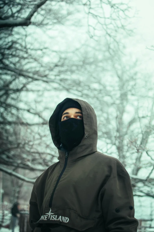 a man wearing a face mask standing in the snow, an album cover, inspired by Elsa Bleda, trending on pexels, realism, techwear clothes, green hood, discord profile picture, overcast