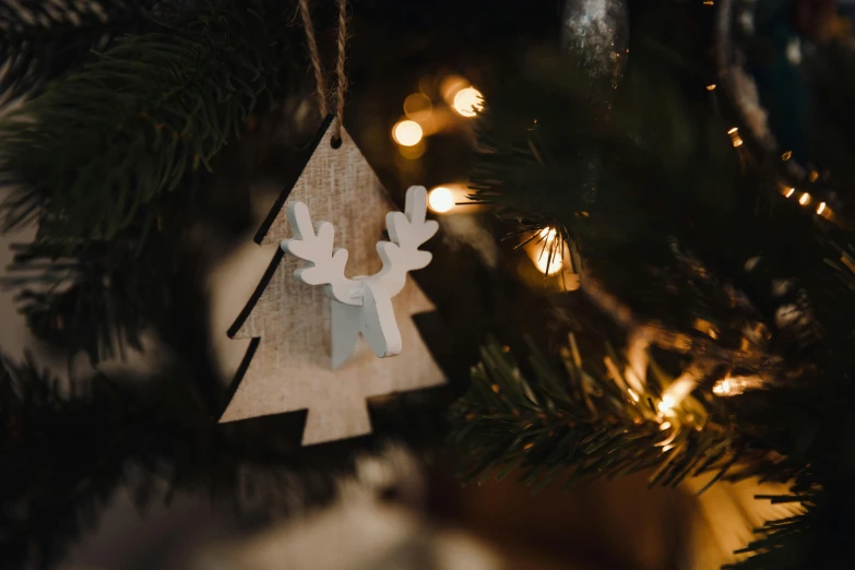 close up of christmas ornaments hanging on a tree