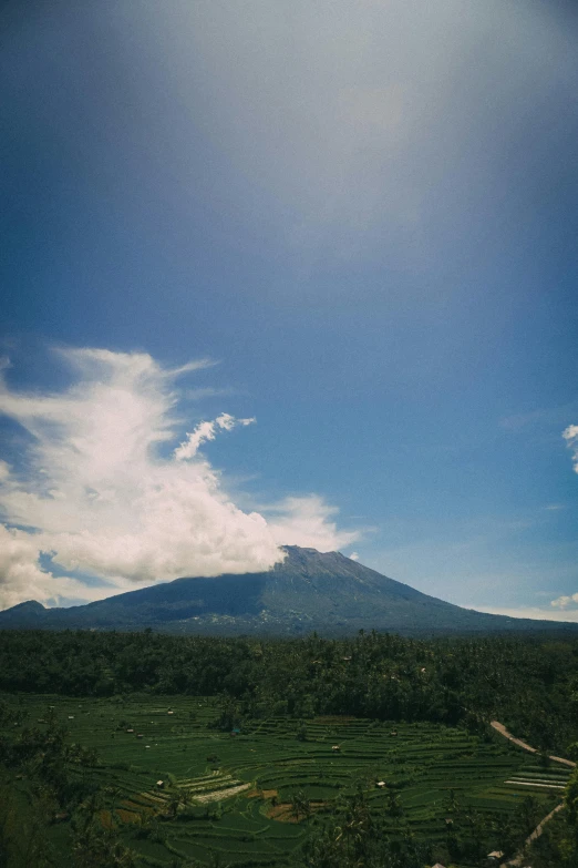 a landscape view of a large hill with clouds