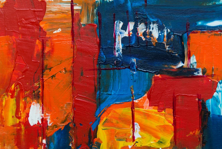 a painting of an orange and blue cityscape, pexels contest winner, abstract expressionism, red paint detail, oil on canvas 4k, (abstract), red yellow blue