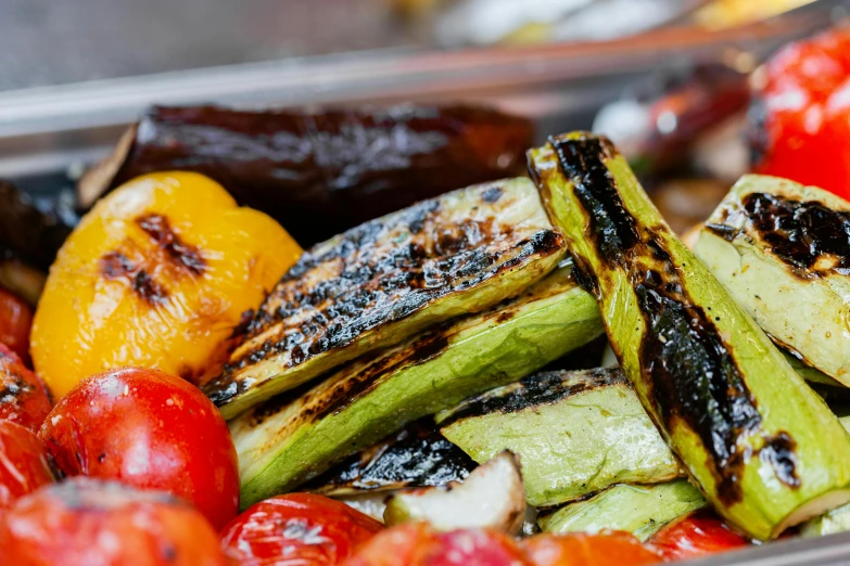 a pan filled with grilled vegetables and tomatoes, a picture, by Julia Pishtar, avatar image, fan favorite, square, background image