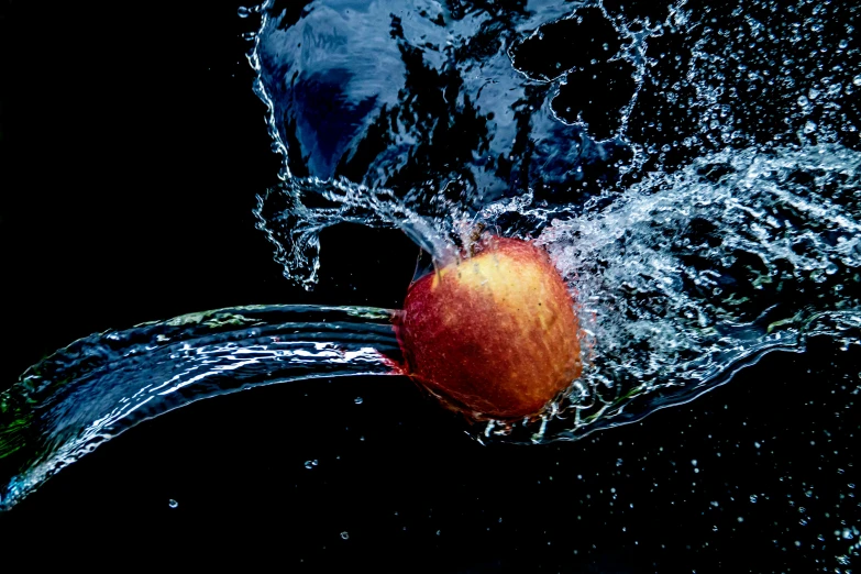 a red apple is falling into the water, by Niko Henrichon, art photography, fan favorite, mango, 15081959 21121991 01012000 4k, thumbnail