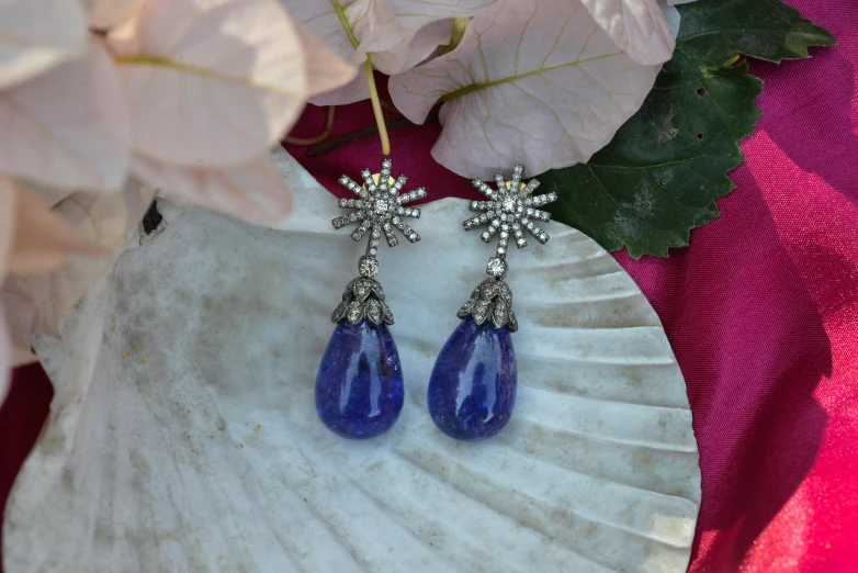 a pair of blue earrings sitting on top of a shell, lush surroundings, stars, sapphire, overhead sun