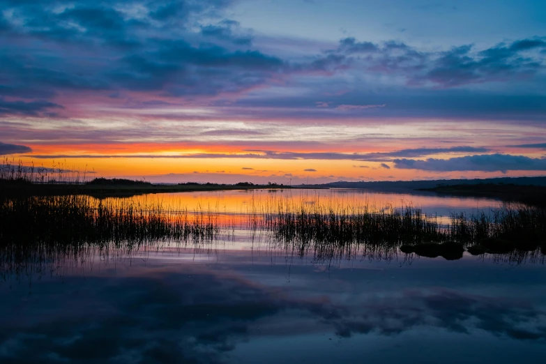 a large body of water with a sunset in the background, by Jesper Knudsen, pexels contest winner, hurufiyya, brockholes, thumbnail, calm vivid colors, marshes