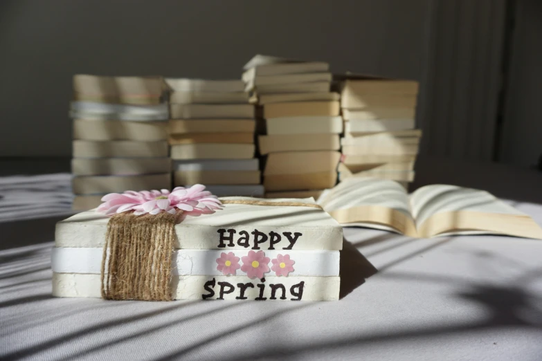 a stack of books sitting on top of a bed, an album cover, by Tsuruko Yamazaki, unsplash, early spring, paper decoration, happy smile, spring season