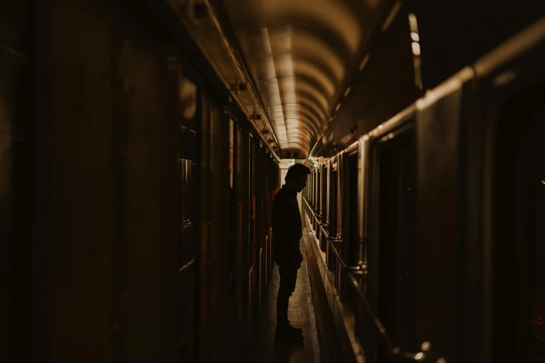 a person is walking down a long hallway, by Elsa Bleda, pexels contest winner, australian tonalism, sat down in train aile, profile image, cardboard, polar express