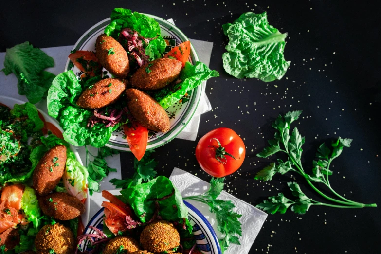 a close up of a plate of food on a table, by Julia Pishtar, pexels contest winner, lush garden spaceship, kebab, lush greens, against dark background