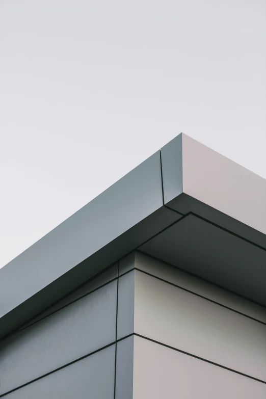 a close up of the corner of a building, flat grey background, angular jawline, solid colours, large overhangs