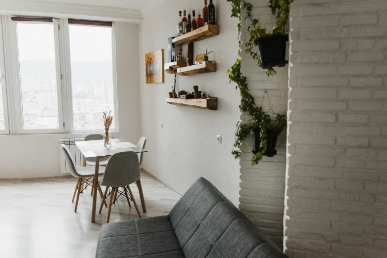 the room has white walls, with wood shelves, plants, and glass table