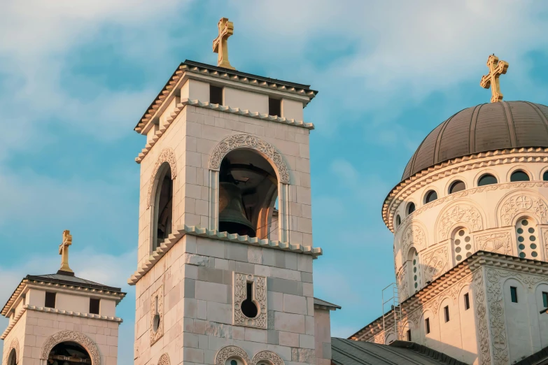 a close up of a clock tower with a sky background, by Julia Pishtar, pexels contest winner, romanesque, with great domes and arches, photo of džesika devic, square, morning light