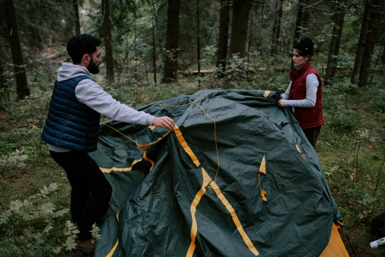 two people setting up a tent in the woods, by Emma Andijewska, hurufiyya, fan favorite, [ cinematic, gray, rectangle