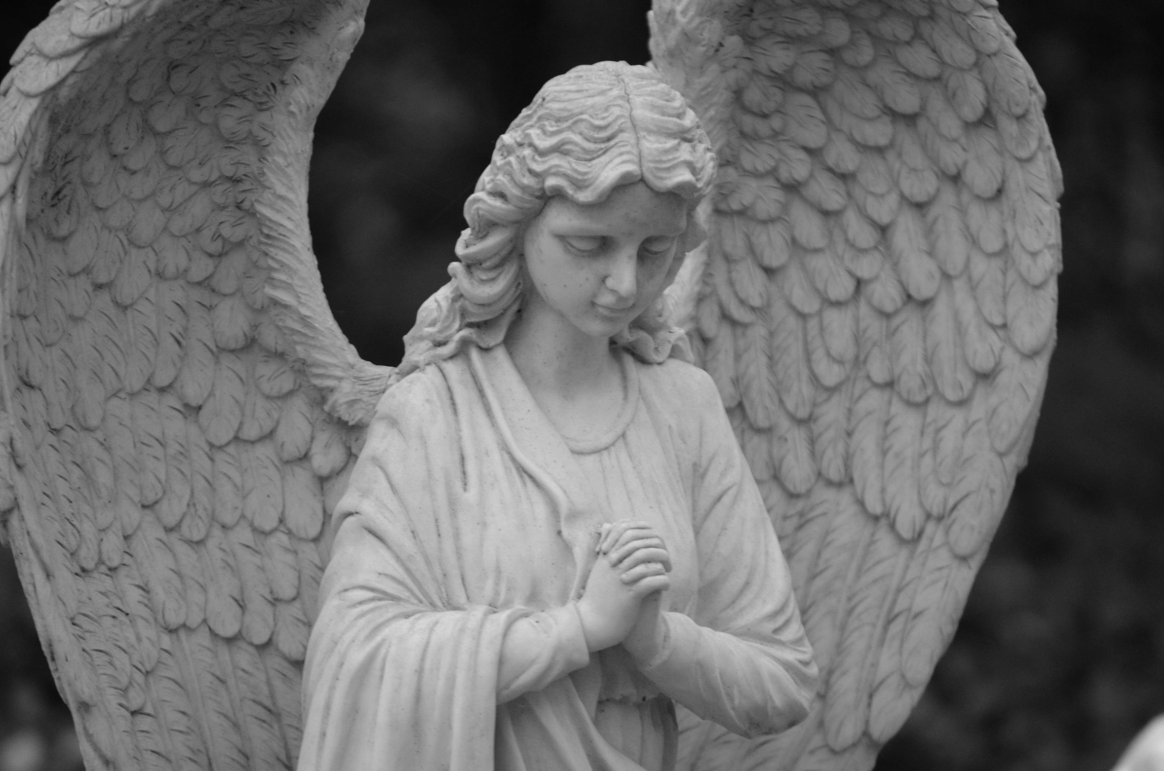 a black and white photo of a statue of an angel, pexels, biblically acurate angel, folded arms, gossamer wings, peacefull