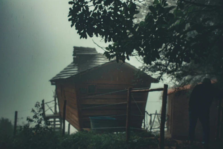 a tree house sitting on top of a lush green field, a picture, inspired by Elsa Bleda, pexels contest winner, romanticism, foggy heavy rain, monsoon, shack close up, seen from outside