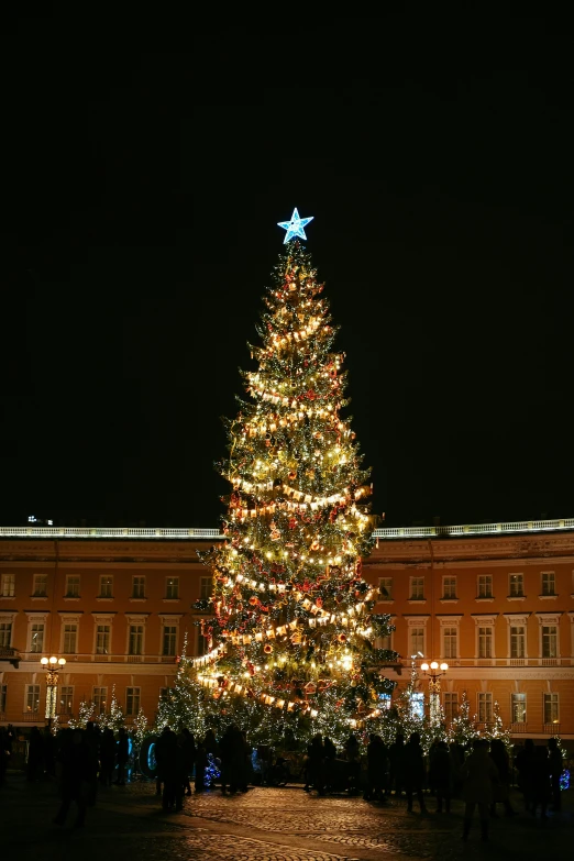 a large christmas tree with lights around it