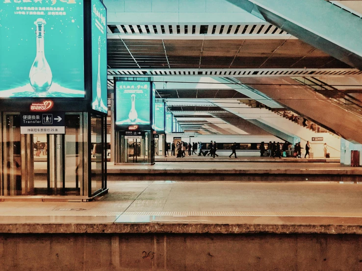 a train station with people walking on the platform, pexels contest winner, hyperrealism, teal aesthetic, digital screens on the walls, bus station, lamps on ground