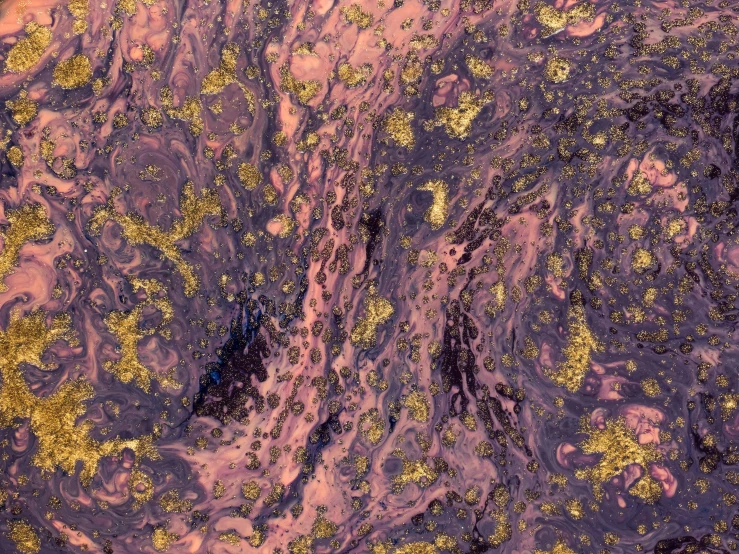 a close up of a liquid substance on a surface, an ultrafine detailed painting, flickr, metaphysical painting, purple and gold color scheme, pink slime everywhere, black marble and gold, 16k upscaled image