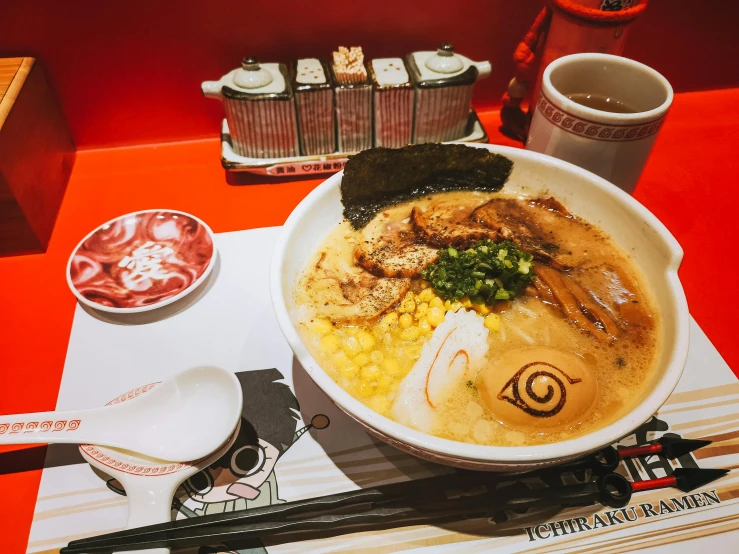 a close up of a bowl of food on a table, a photo, mingei, neon tokyo, red white and gold color scheme, 🦩🪐🐞👩🏻🦳, eating ramen