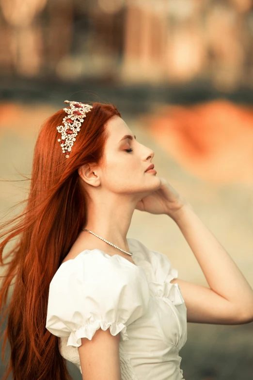 a woman with long red hair in a white dress, pixabay contest winner, jewel crown, looking into the distance, 5 0 0 px models, diadems