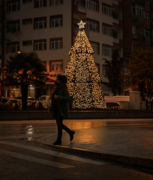 a very pretty lit christmas tree in a city