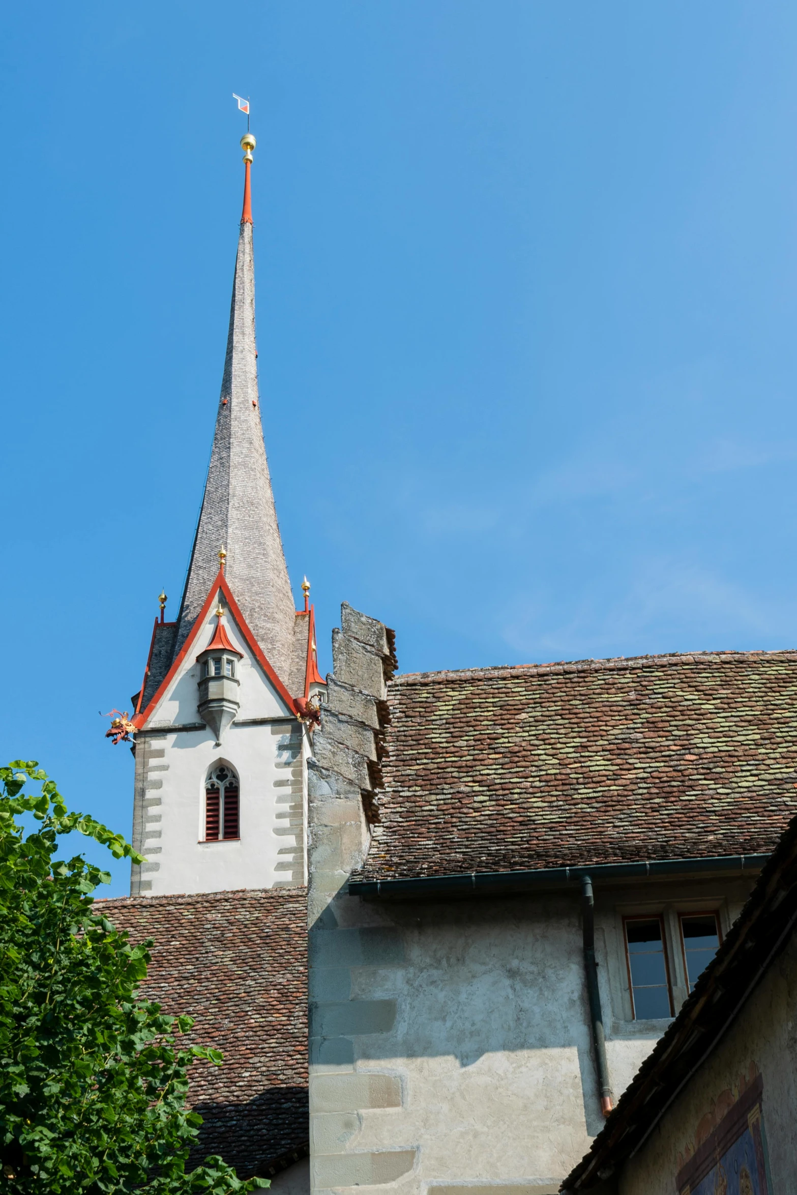 a church steeple against a blue sky, inspired by Karl Stauffer-Bern, romanesque, orange roof, brown, white