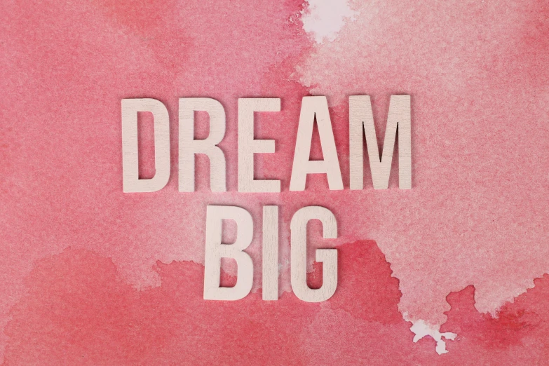 a pink watercolor background with the words dream big, oversized, profile image, demur, barbara kruger